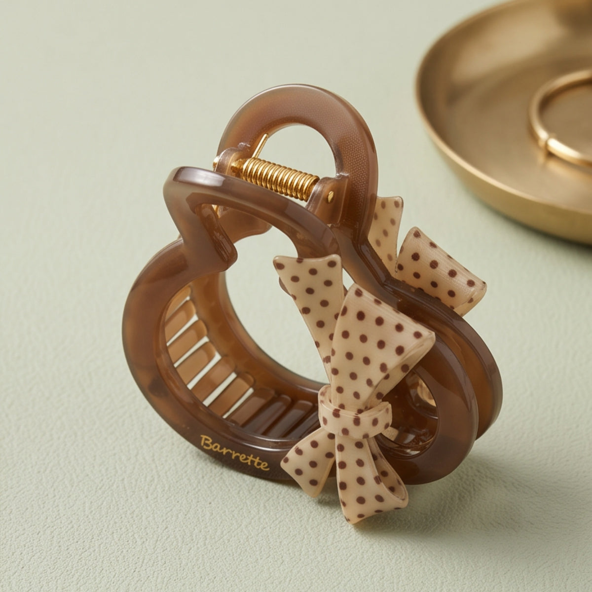 Amber Polka Dot Fabric Bow Acetate Claw Clip