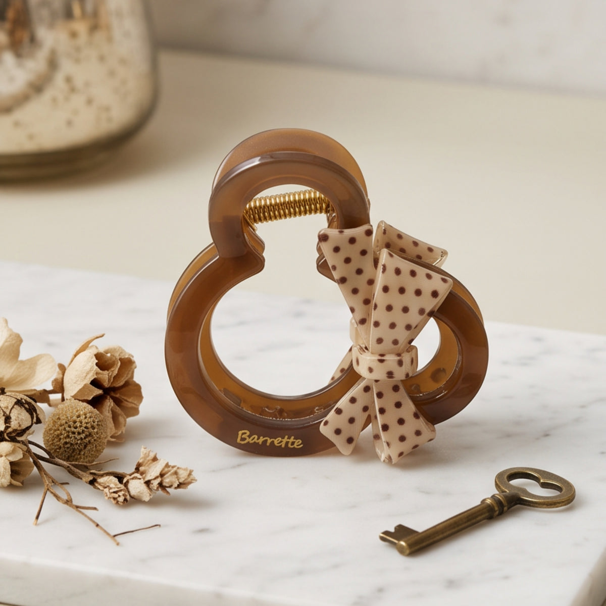 Amber Polka Dot Fabric Bow Acetate Claw Clip
