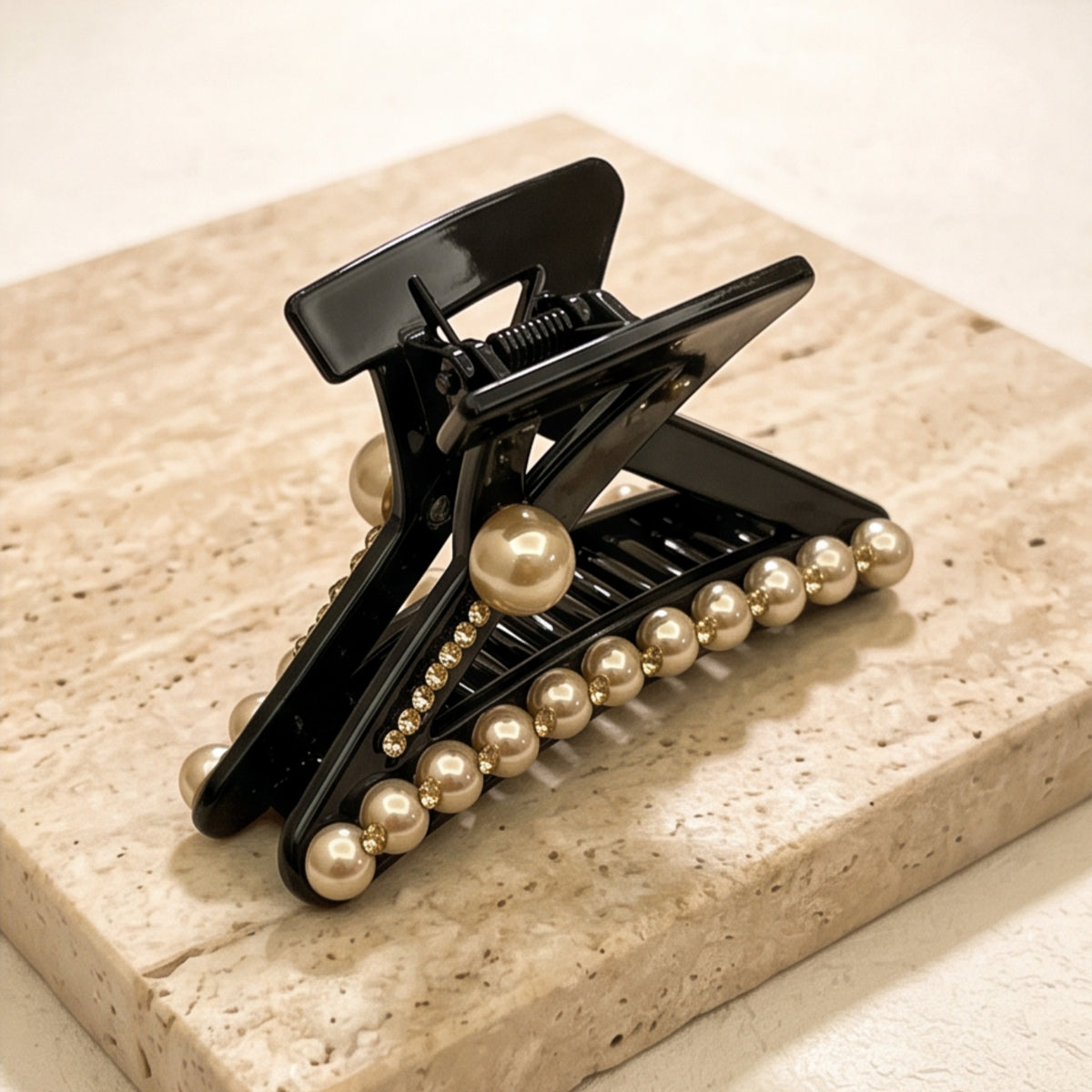 Black Champagne Pearl Rhinestone Acrylic Claw Clip