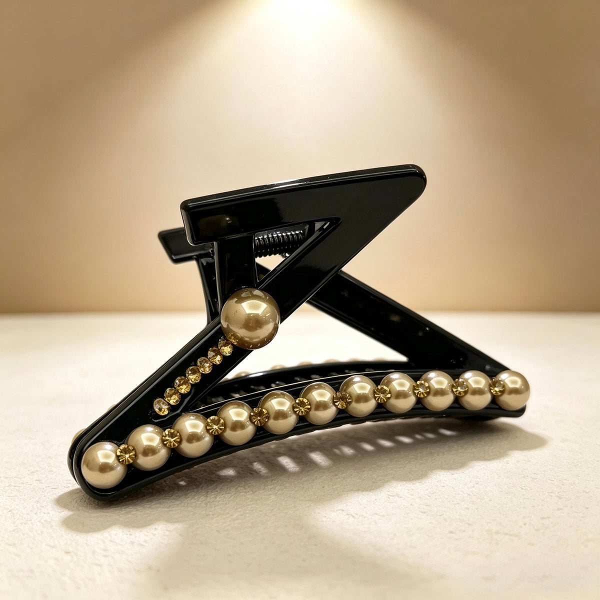 Black Champagne Pearl Rhinestone Acrylic Claw Clip