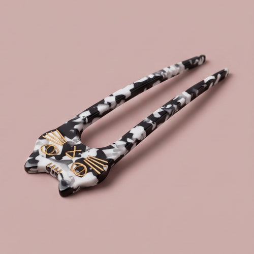 Black & White Marble Cat Double-Prong Acetate Hair Fork