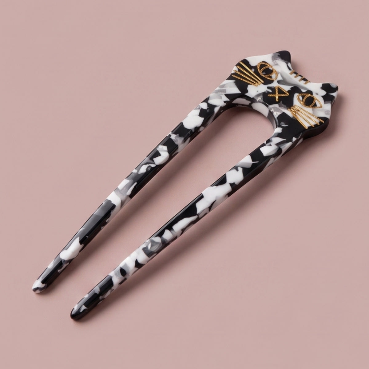 Black & White Marble Cat Double-Prong Acetate Hair Fork