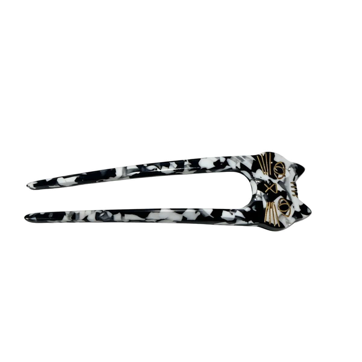Black & White Marble Cat Double-Prong Acetate Hair Fork