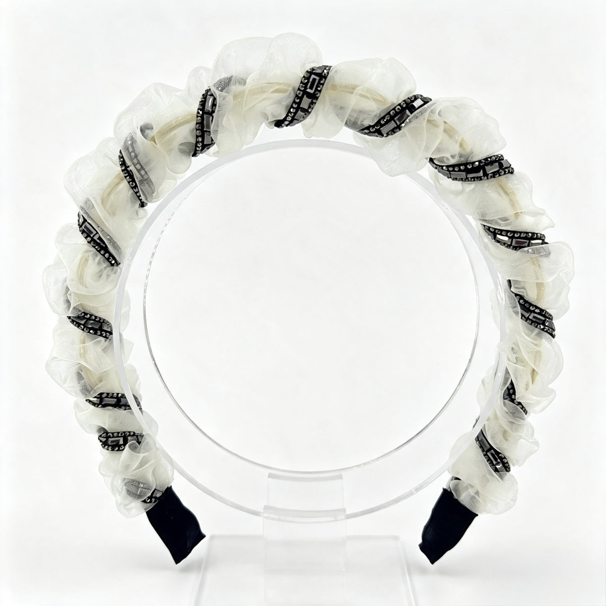 Black & White Ruffle Rhinestone Non-Slip Headband