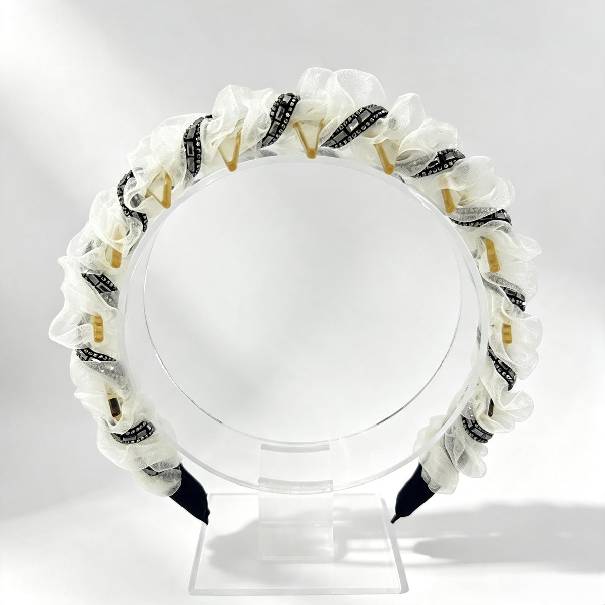 Black & White Ruffle Rhinestone Non-Slip Headband