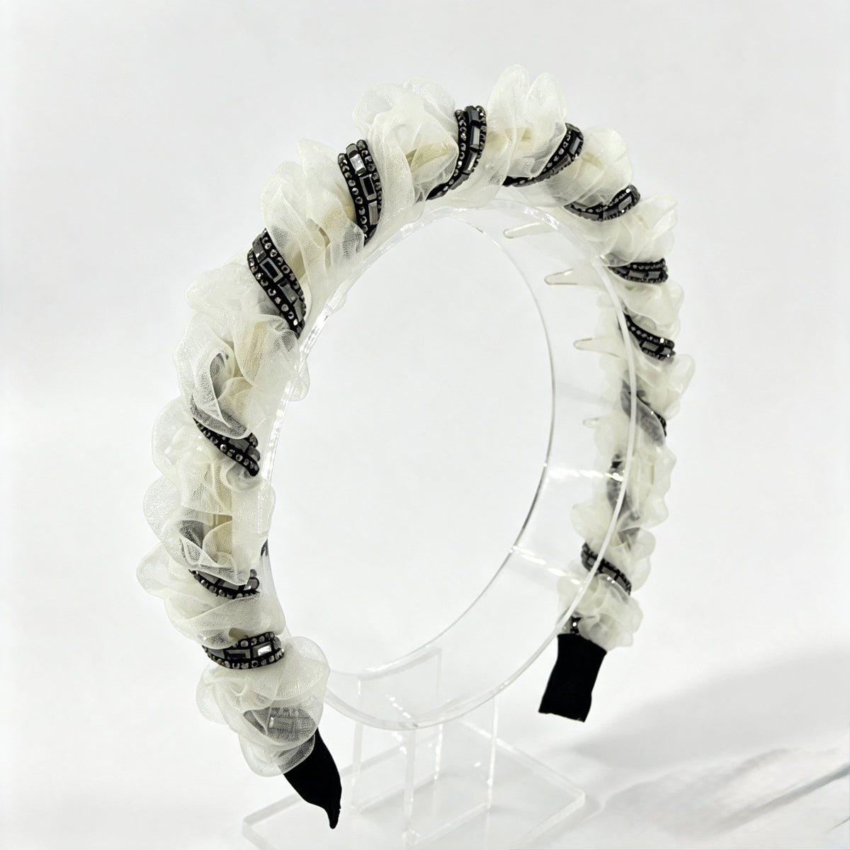 Black & White Ruffle Rhinestone Non-Slip Headband