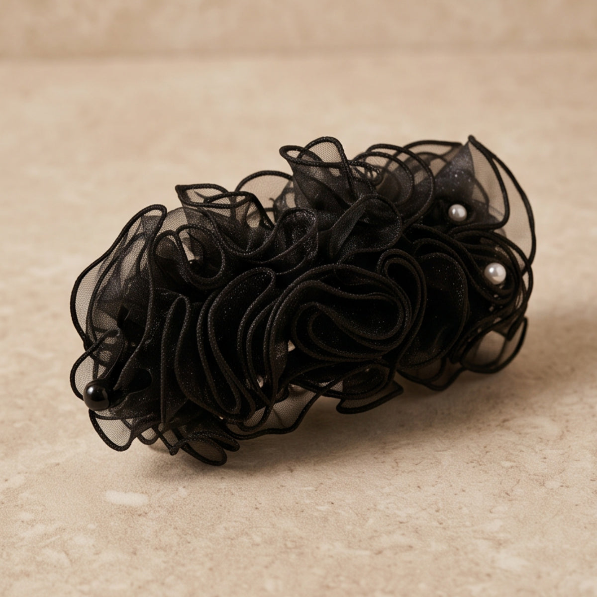 Black Pearl Pleated Mesh Banana Hair Clip