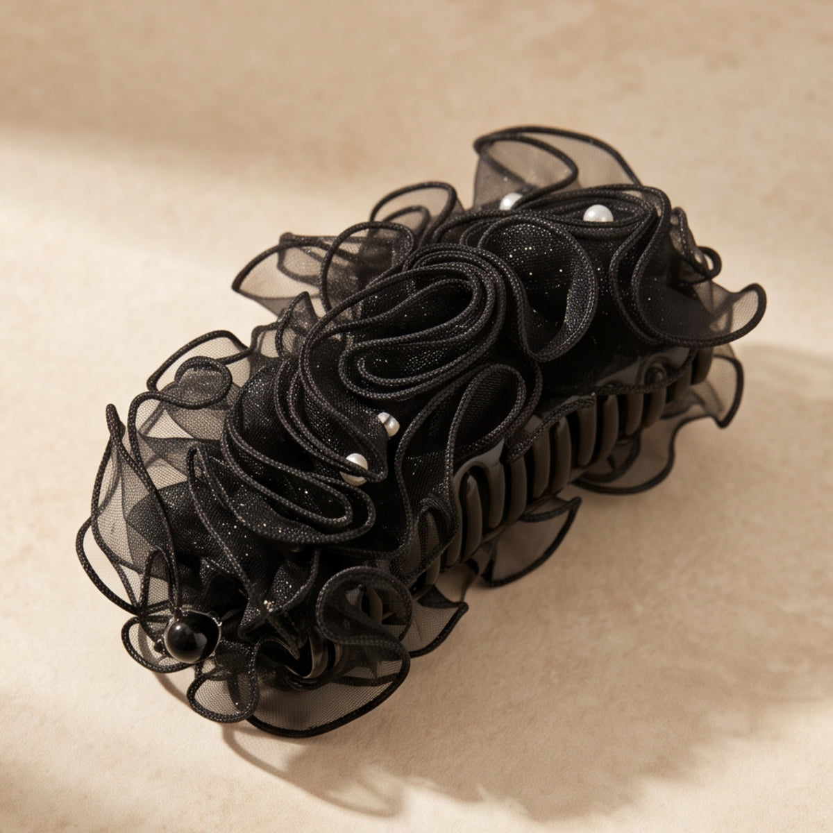 Black Pearl Pleated Mesh Banana Hair Clip