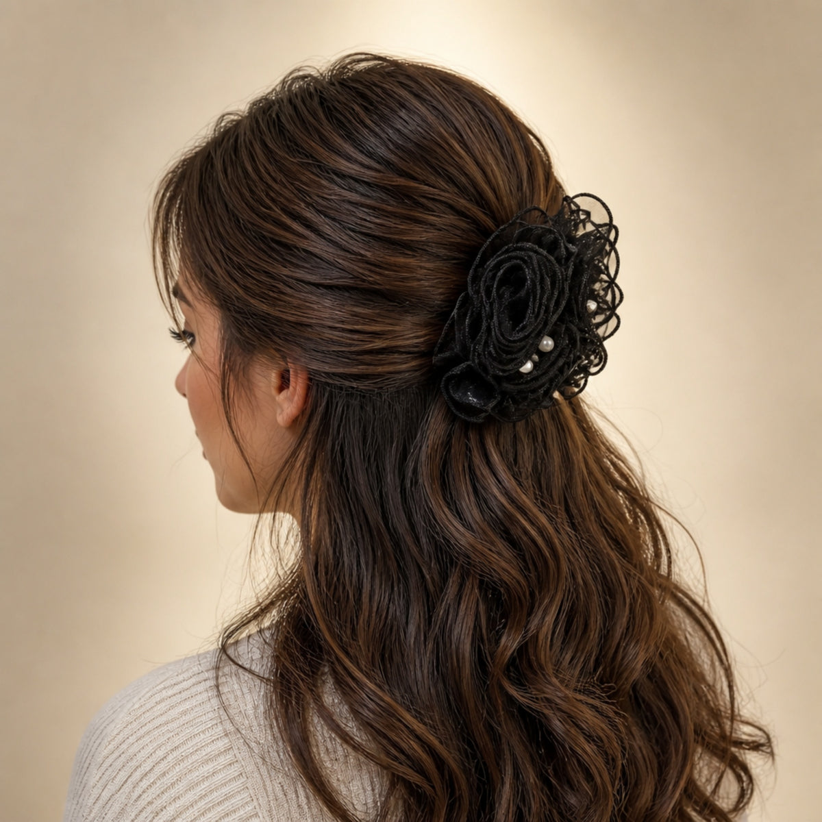 Black Pearl Pleated Mesh Banana Hair Clip