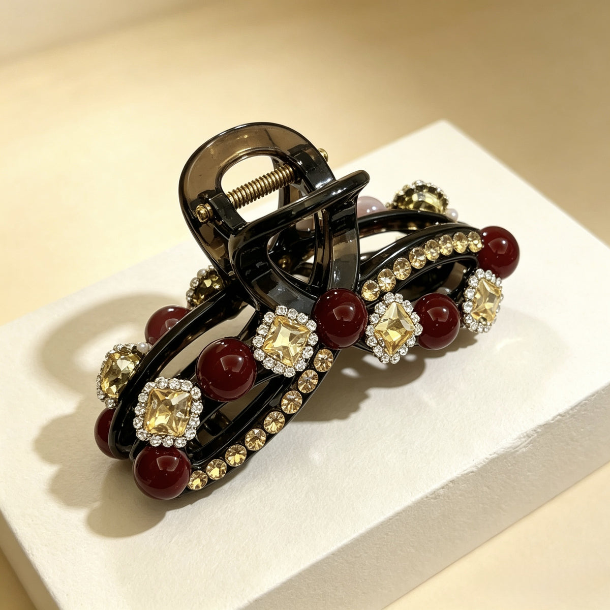 Black Wine Red Bead Rhinestone Acrylic Claw Clip