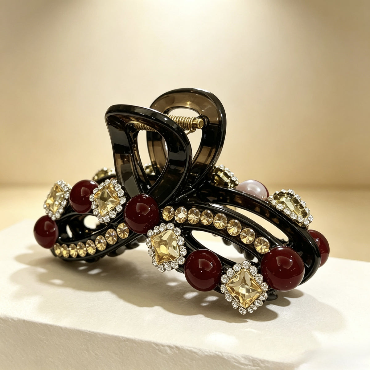 Black Wine Red Bead Rhinestone Acrylic Claw Clip