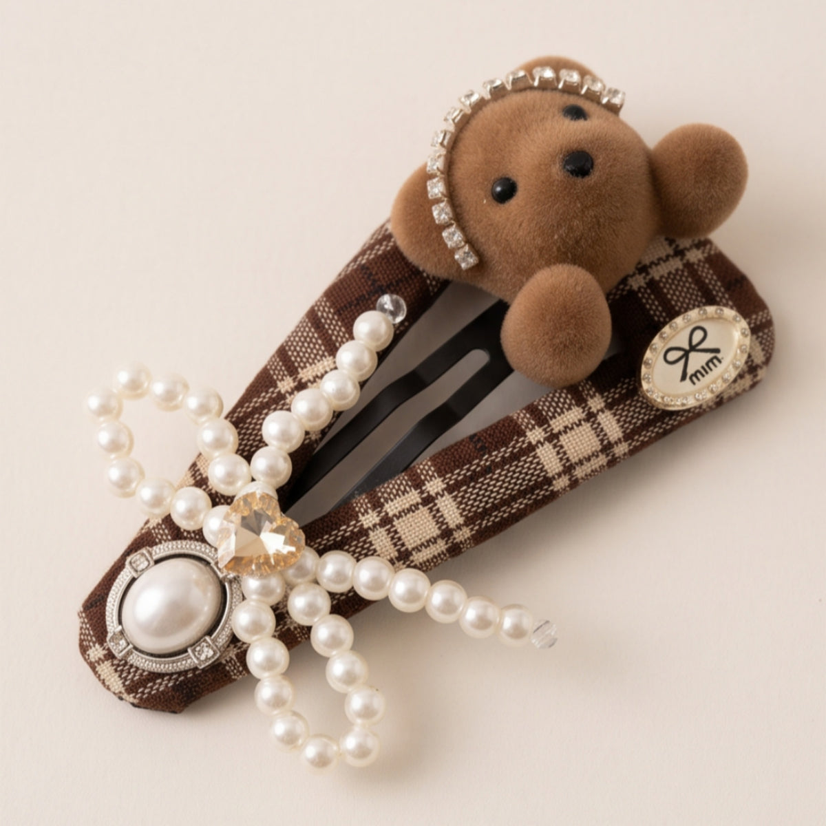 Brown Plaid Teddy Bear Pearl Bow Snap Hair Clip