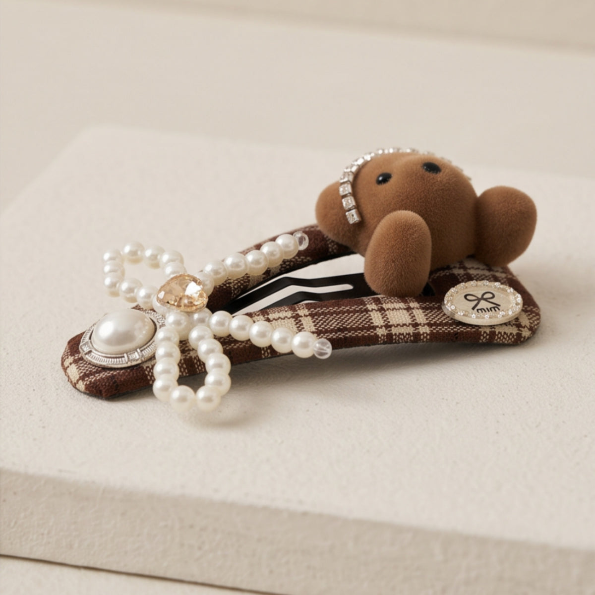 Brown Plaid Teddy Bear Pearl Bow Snap Hair Clip