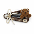 Brown Plaid Teddy Bear Pearl Bow Snap Hair Clip