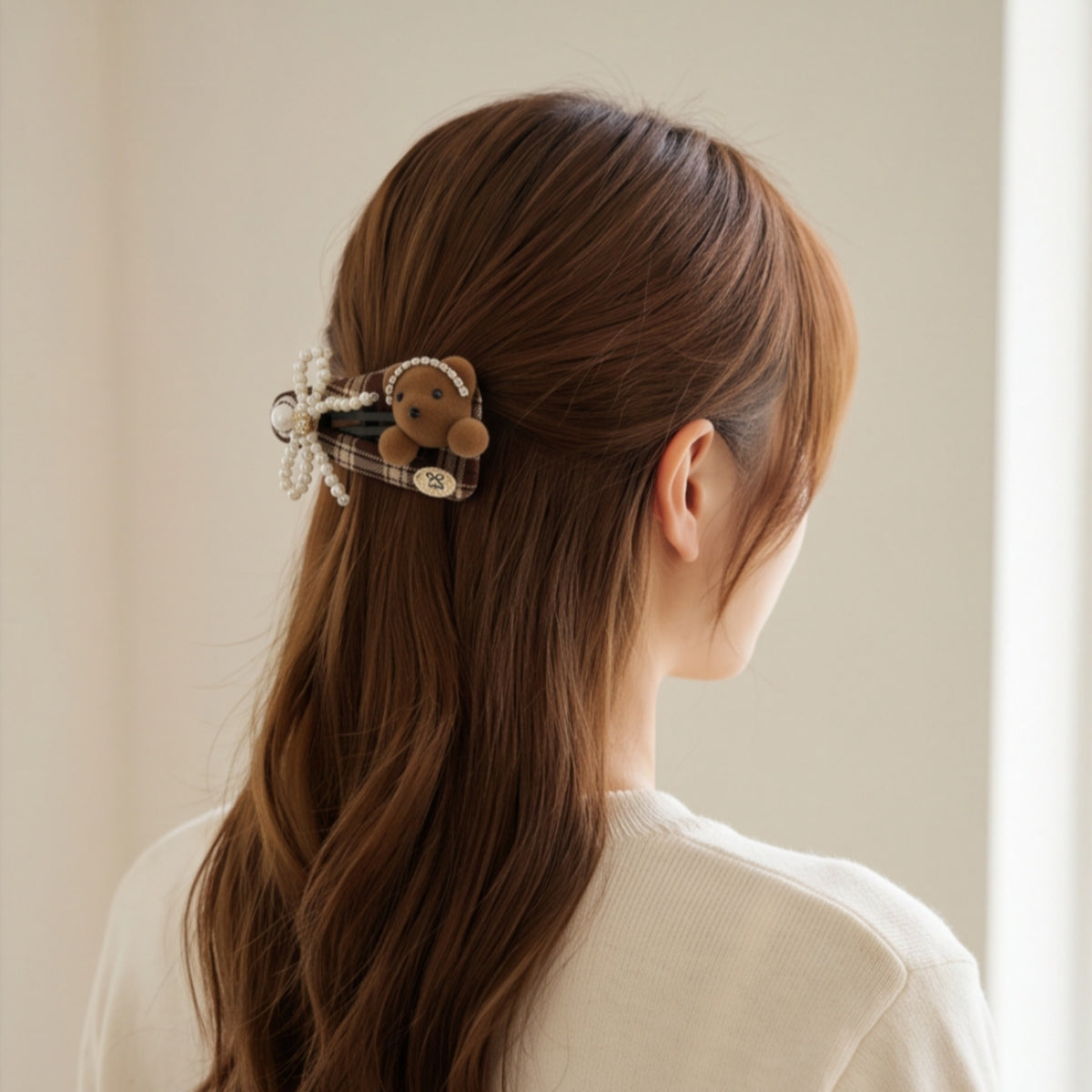 Brown Plaid Teddy Bear Pearl Bow Snap Hair Clip