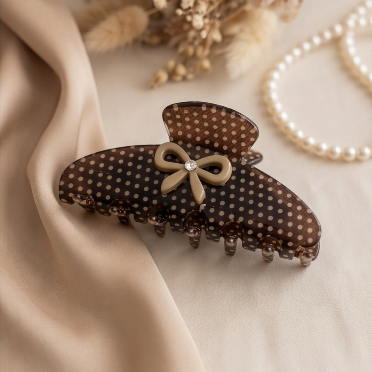 Brown Polka Dot Bow Acetate Claw Clip