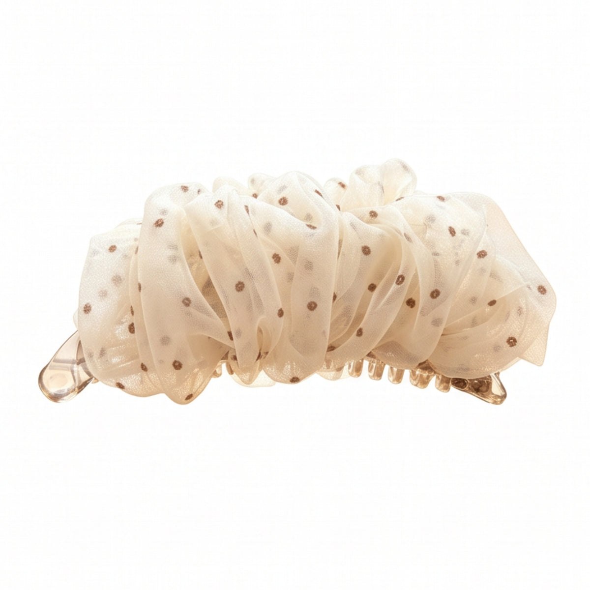 Brown polka-dot mesh banana hair clip, white background