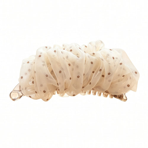 Brown polka-dot mesh banana hair clip, white background