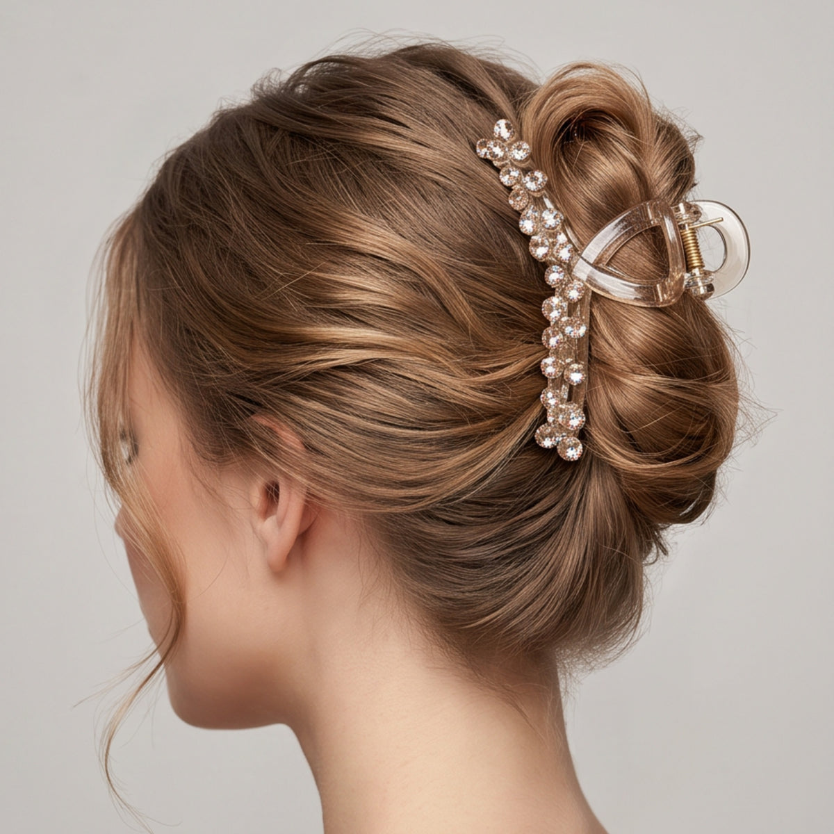 A woman shown from the side with her hair styled in an updo, wearing a clear claw hair clip adorned with pearl-like beads and a small gold accent, against a plain light gray background.