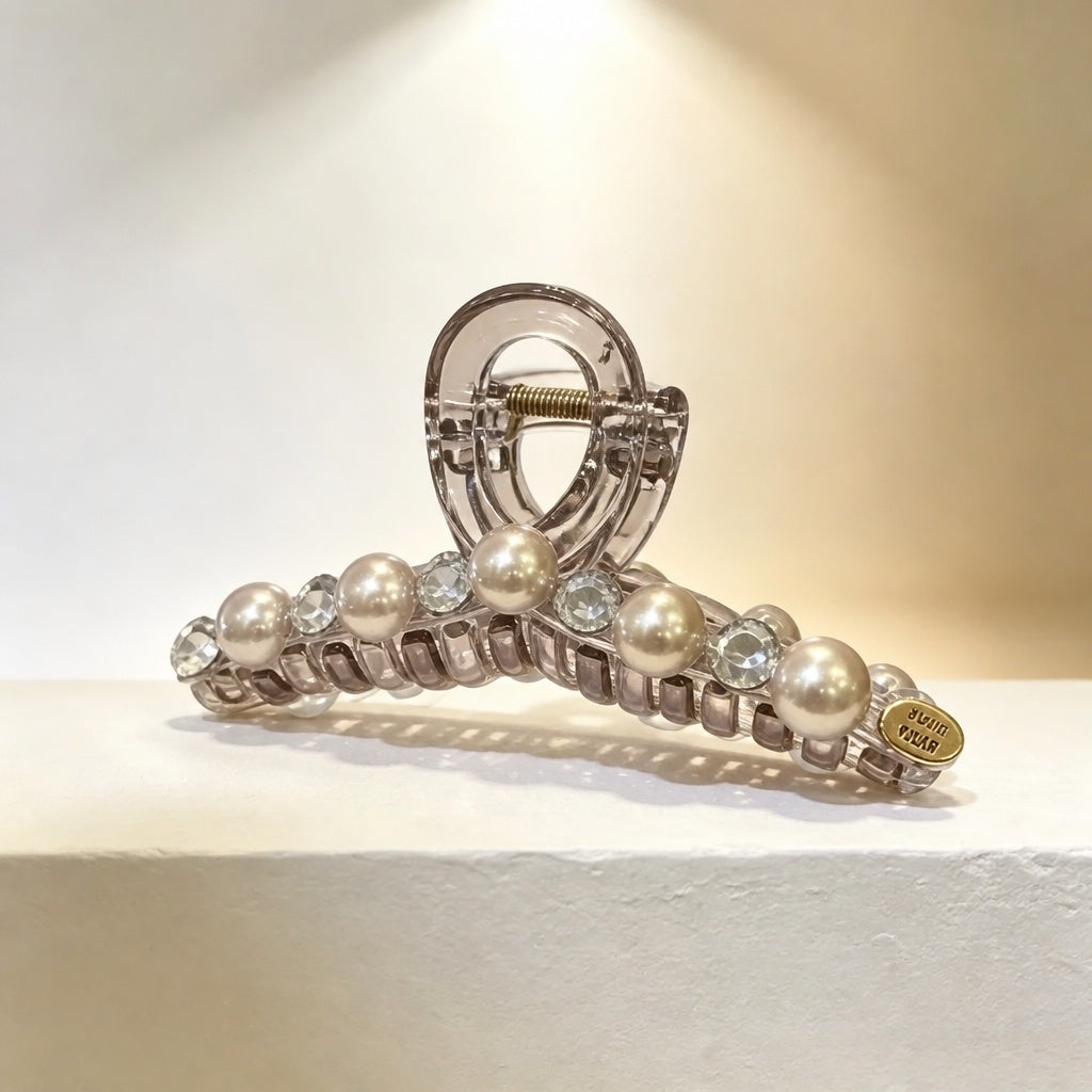 Clear Cream Pearl Rhinestone Acrylic Claw Clip