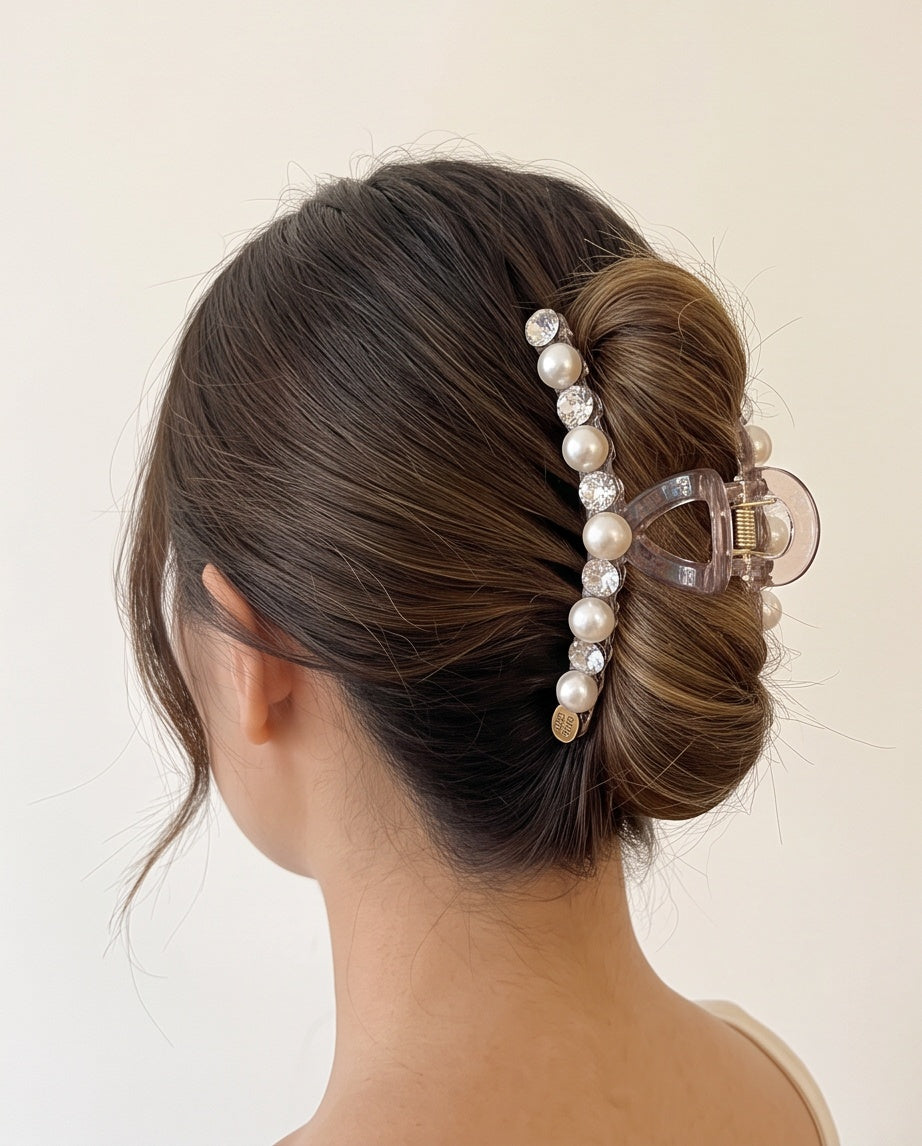 Clear Cream Pearl Rhinestone Acrylic Claw Clip