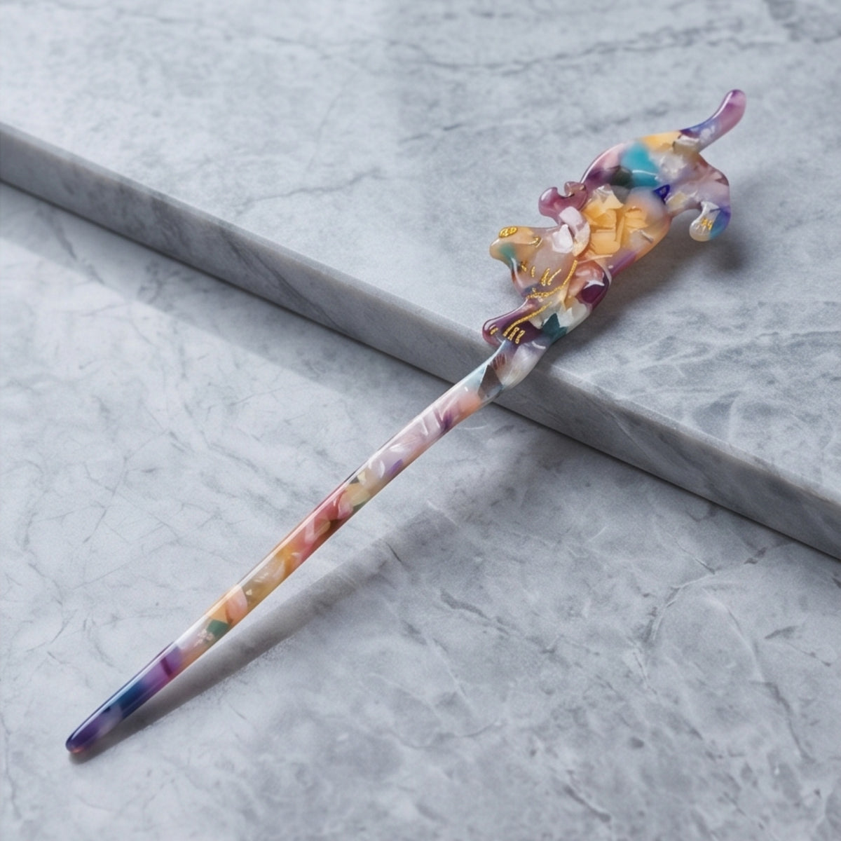 Colorful Marbled Cat Single-Prong Acetate Hair Fork