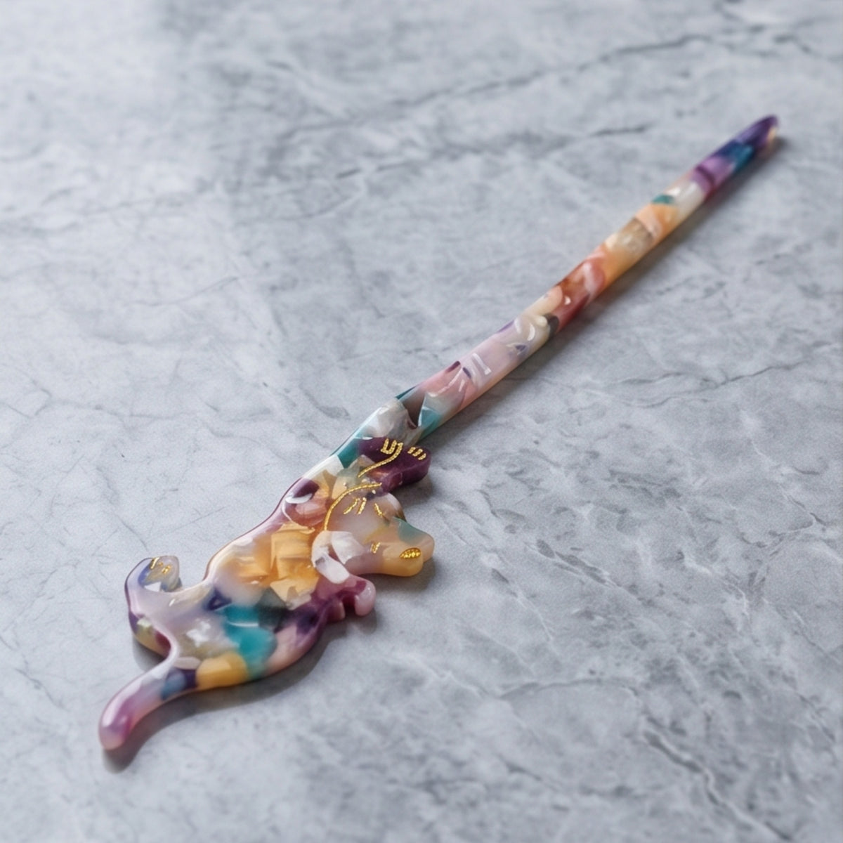 Colorful Marbled Cat Single-Prong Acetate Hair Fork