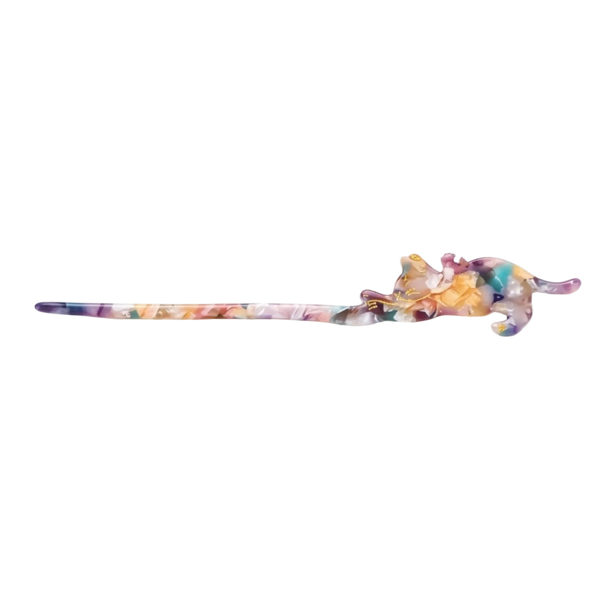 A long, slender hair stick with a colorful marbled pattern and an ornate animal-shaped top, displayed horizontally on a plain white background.