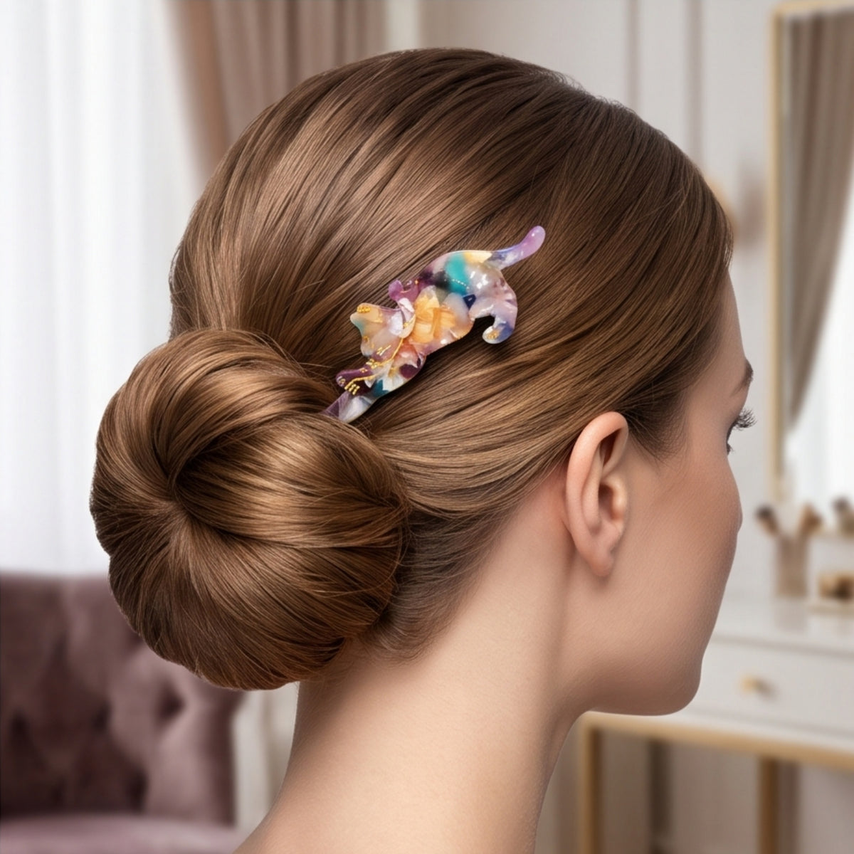 Colorful Marbled Cat Single-Prong Acetate Hair Fork