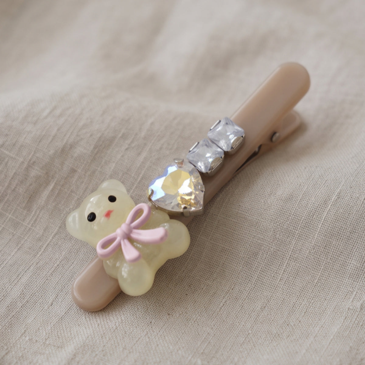 Cream Teddy Bear Heart Rhinestone Alligator Hair Clips - Set of 2