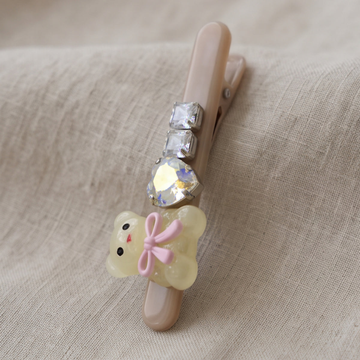 Cream Teddy Bear Heart Rhinestone Alligator Hair Clips - Set of 2