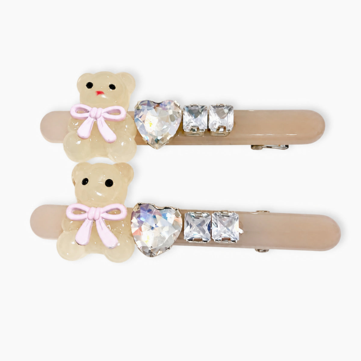 Cream Teddy Bear Heart Rhinestone Alligator Hair Clips - Set of 2
