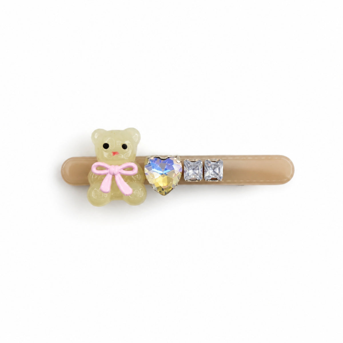 Cream Teddy Bear Heart Rhinestone Alligator Hair Clips - Set of 2