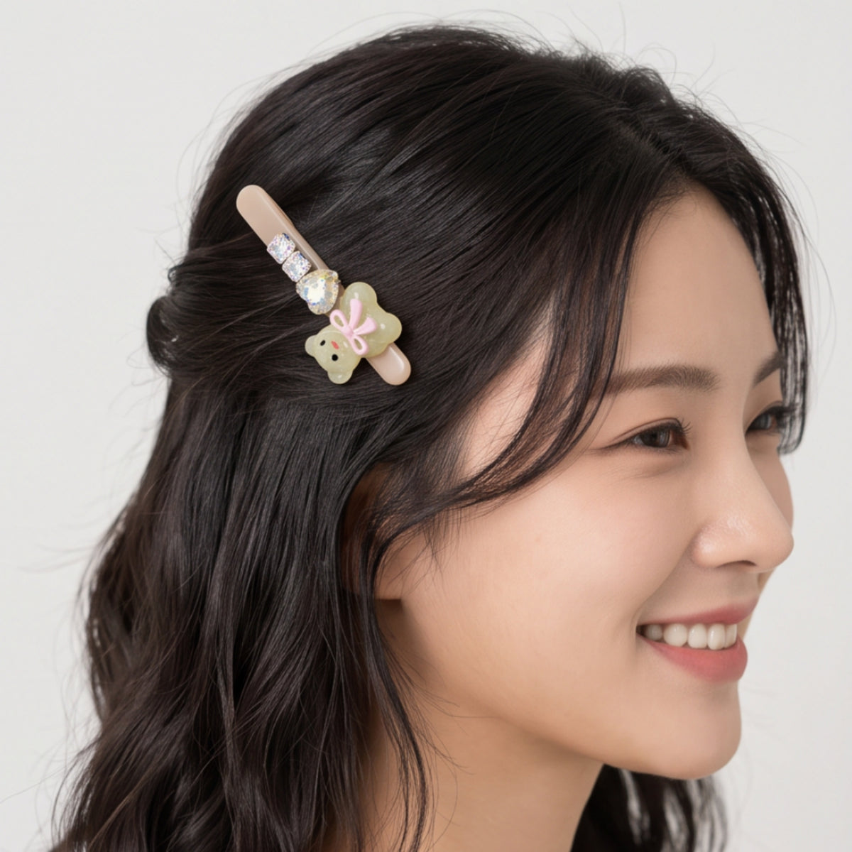 Cream Teddy Bear Heart Rhinestone Alligator Hair Clips - Set of 2