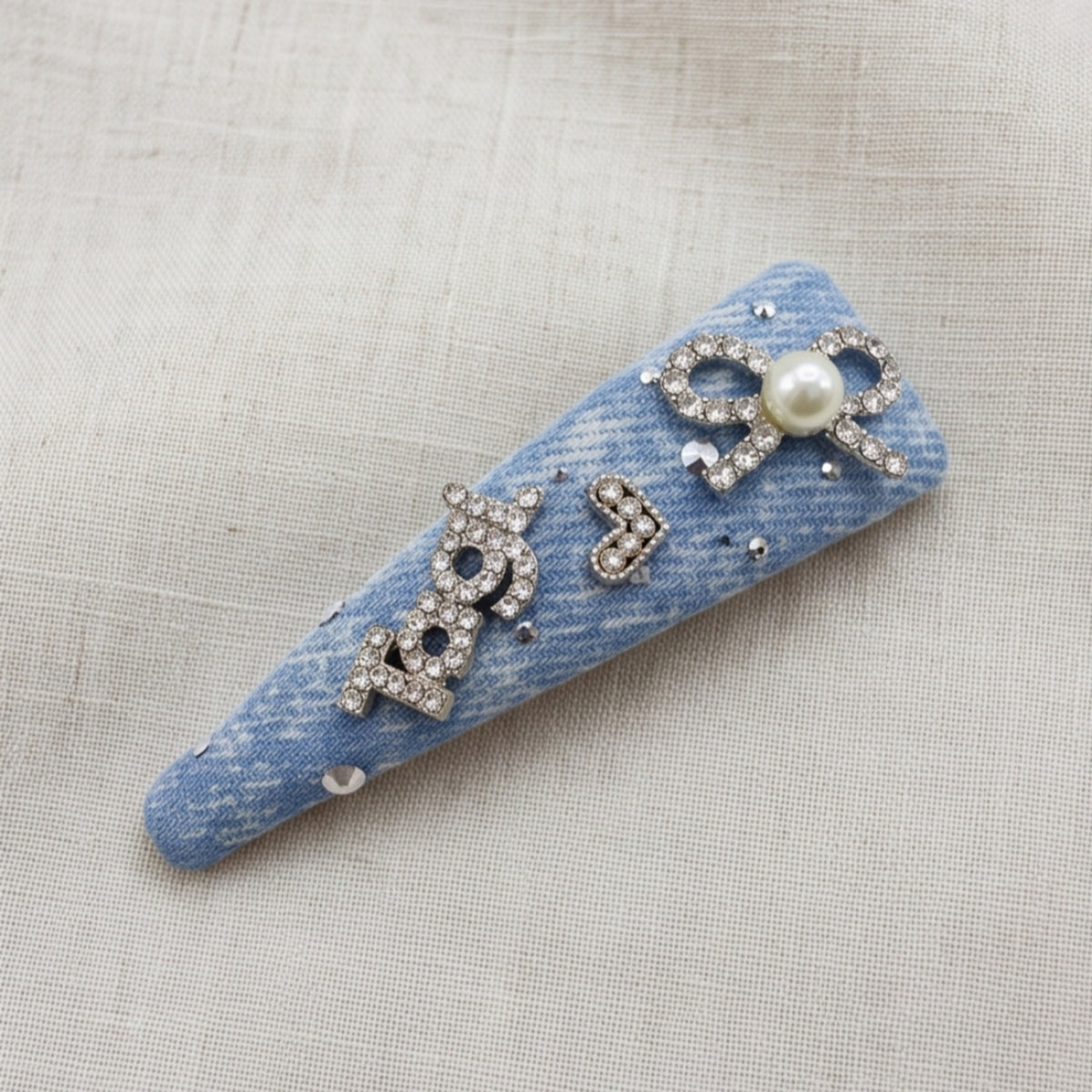 Denim-Look Rhinestone Bow & Letter Snap Hair Clip