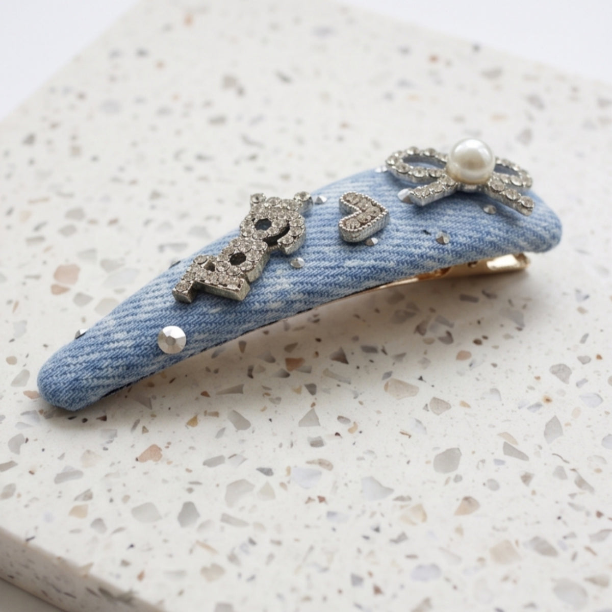 Denim-Look Rhinestone Bow & Letter Snap Hair Clip