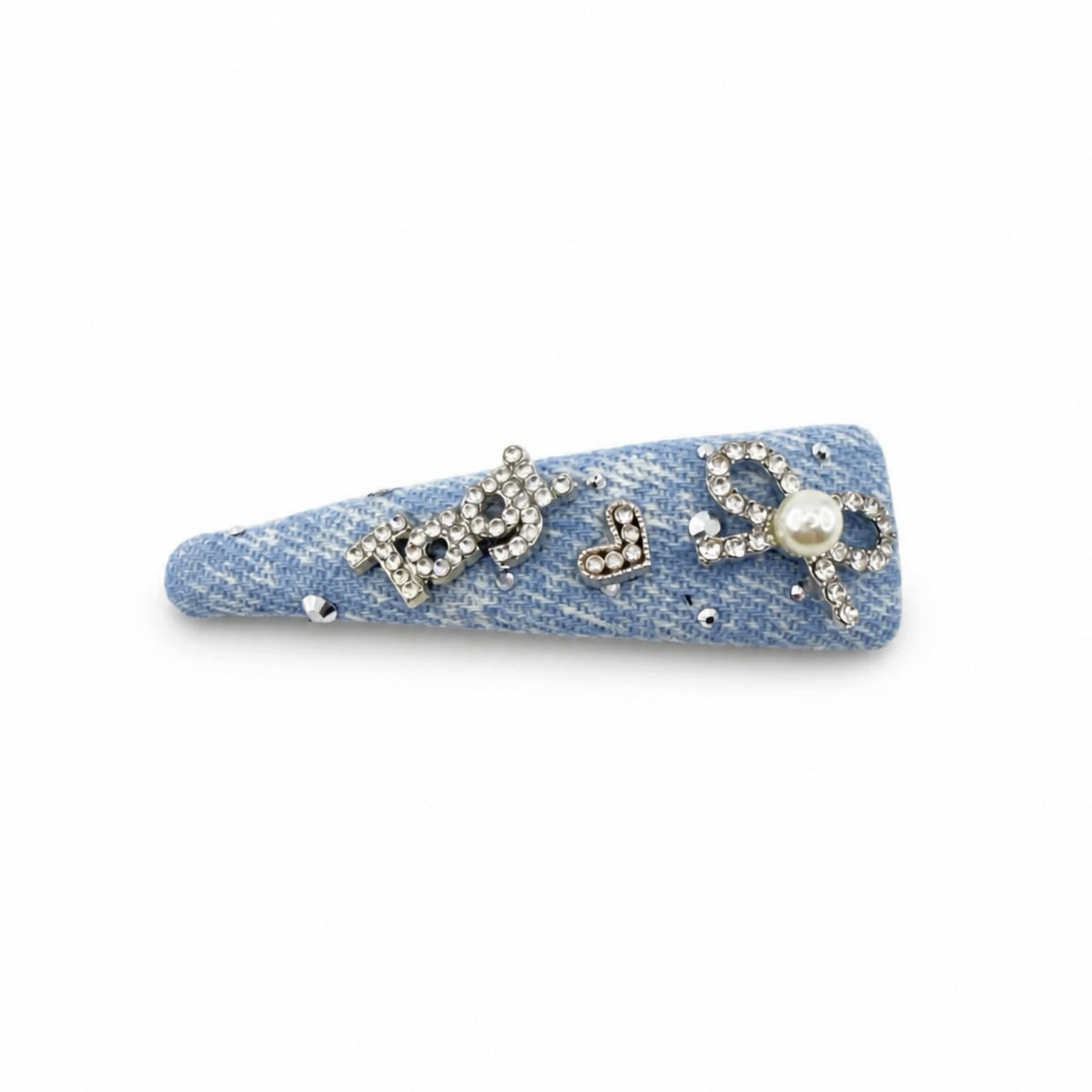 Denim-Look Rhinestone Bow & Letter Snap Hair Clip