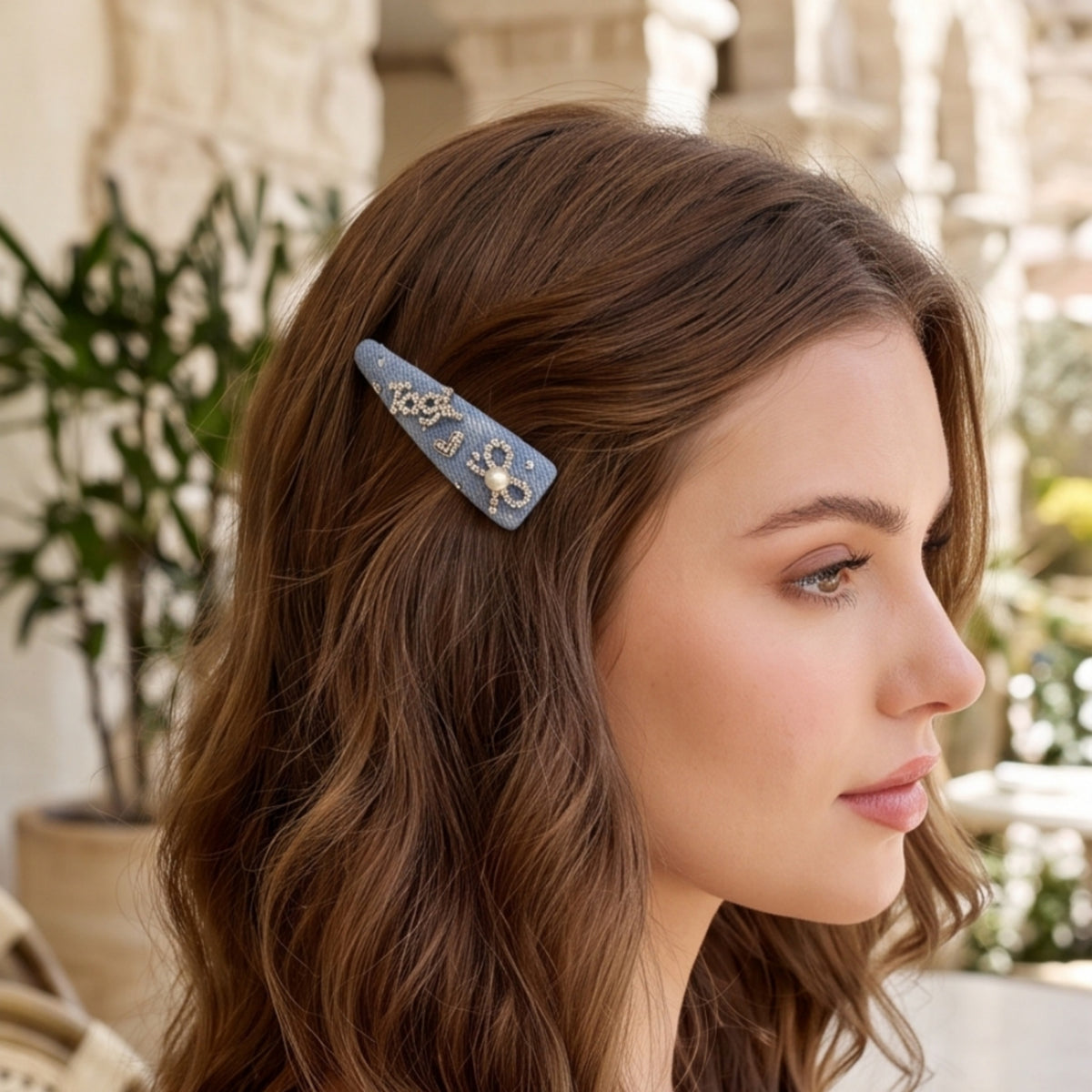 Denim-Look Rhinestone Bow & Letter Snap Hair Clip