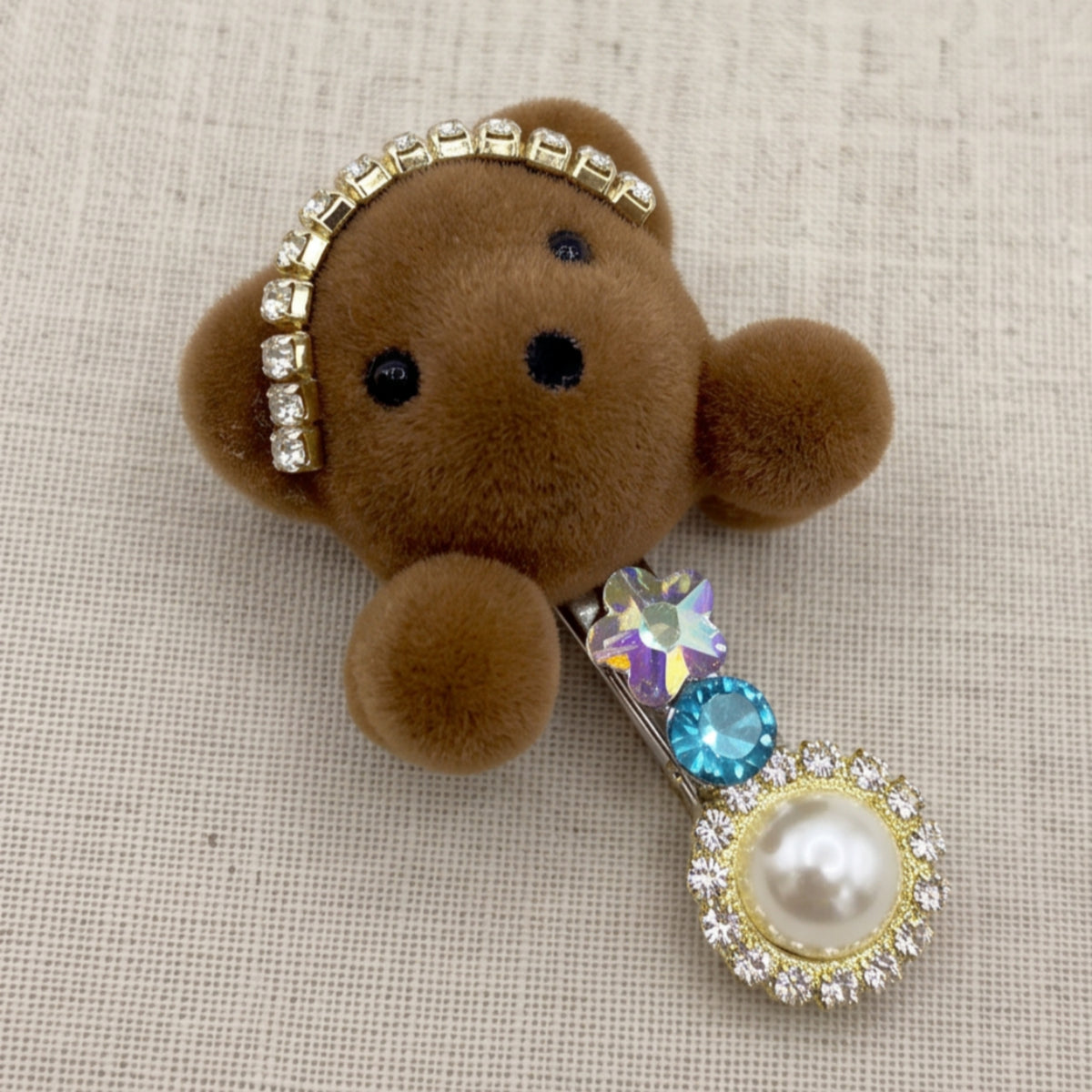 Flocked Teddy Bear Rhinestone Alligator Hair Clip