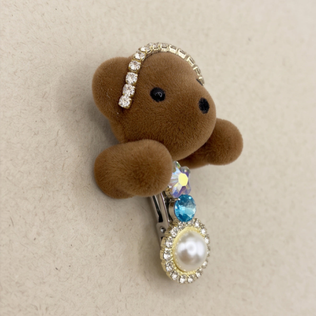 Flocked Teddy Bear Rhinestone Alligator Hair Clip
