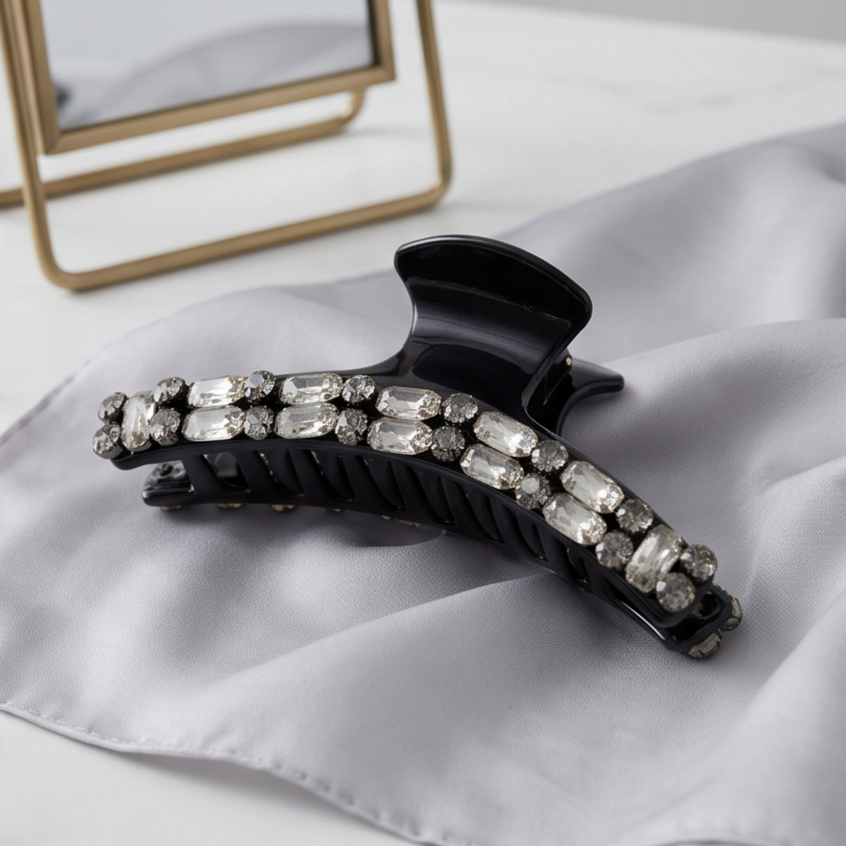 Glossy Black Octagon Rhinestone Acetate Claw Clip