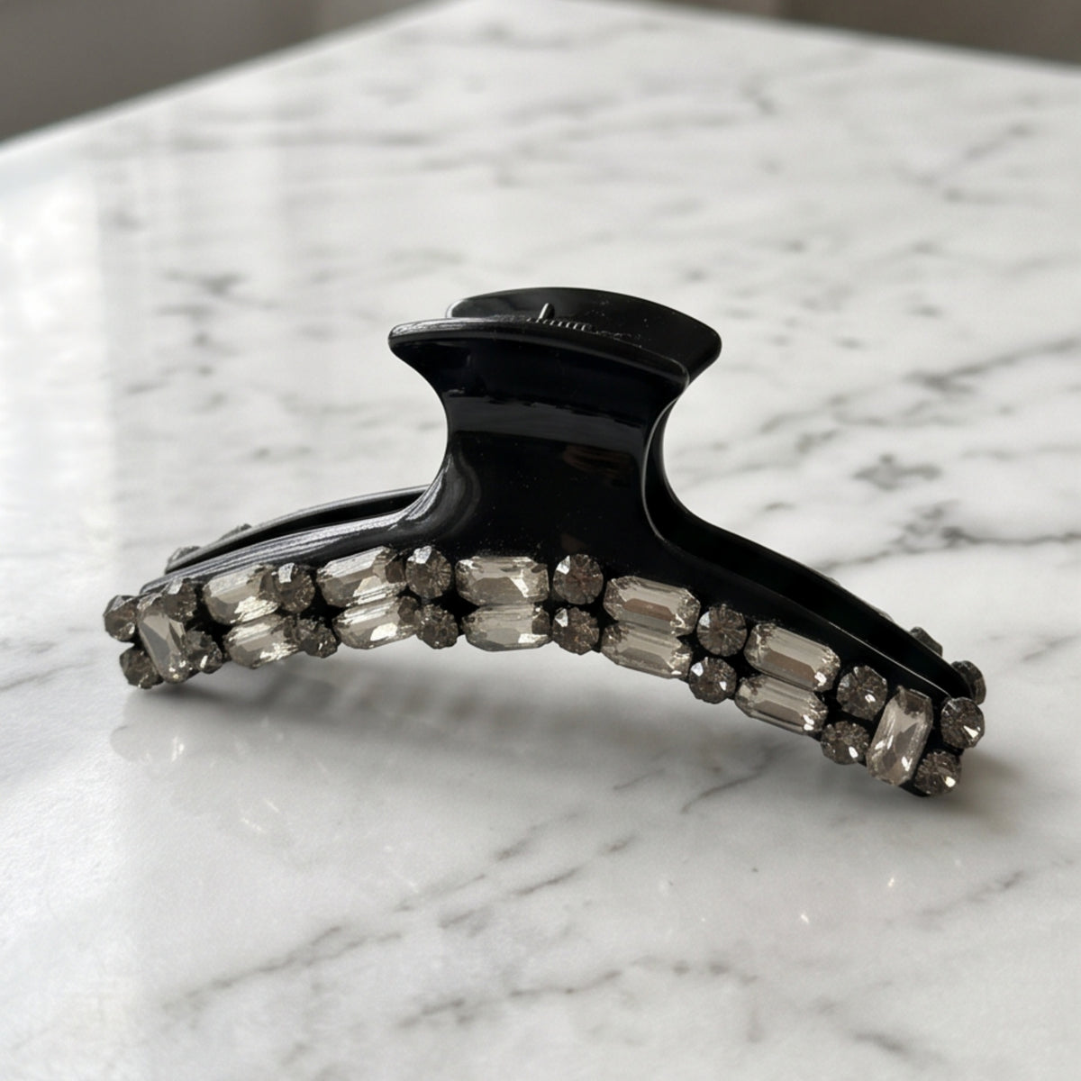 Glossy Black Octagon Rhinestone Acetate Claw Clip