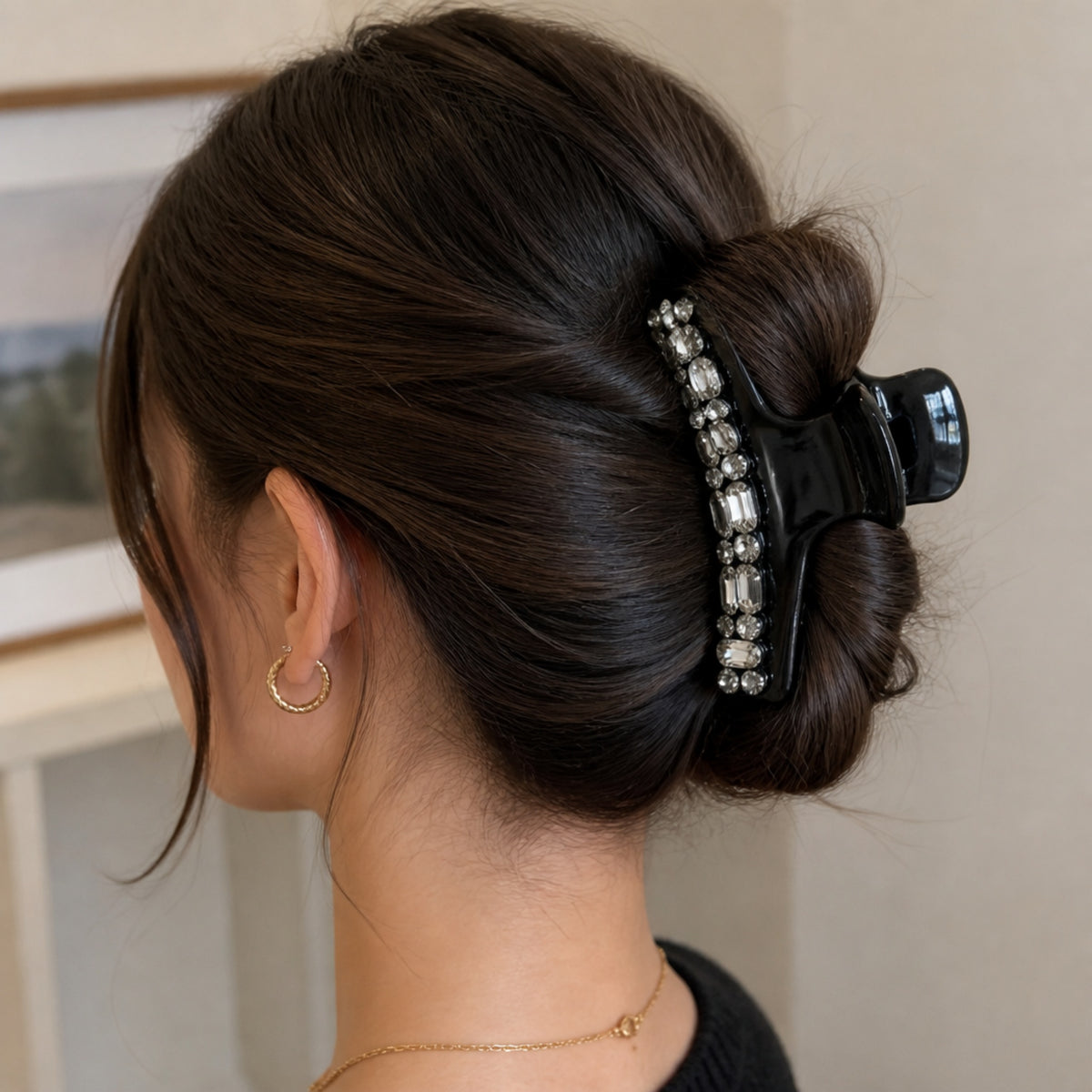 Glossy Black Octagon Rhinestone Acetate Claw Clip