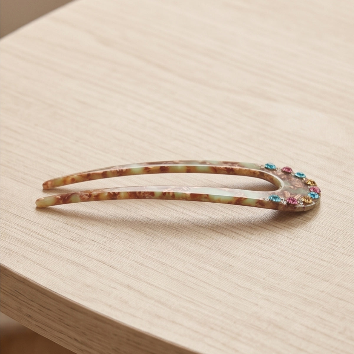 Green Gradient Rhinestone U-Shaped Acetate Hair Fork