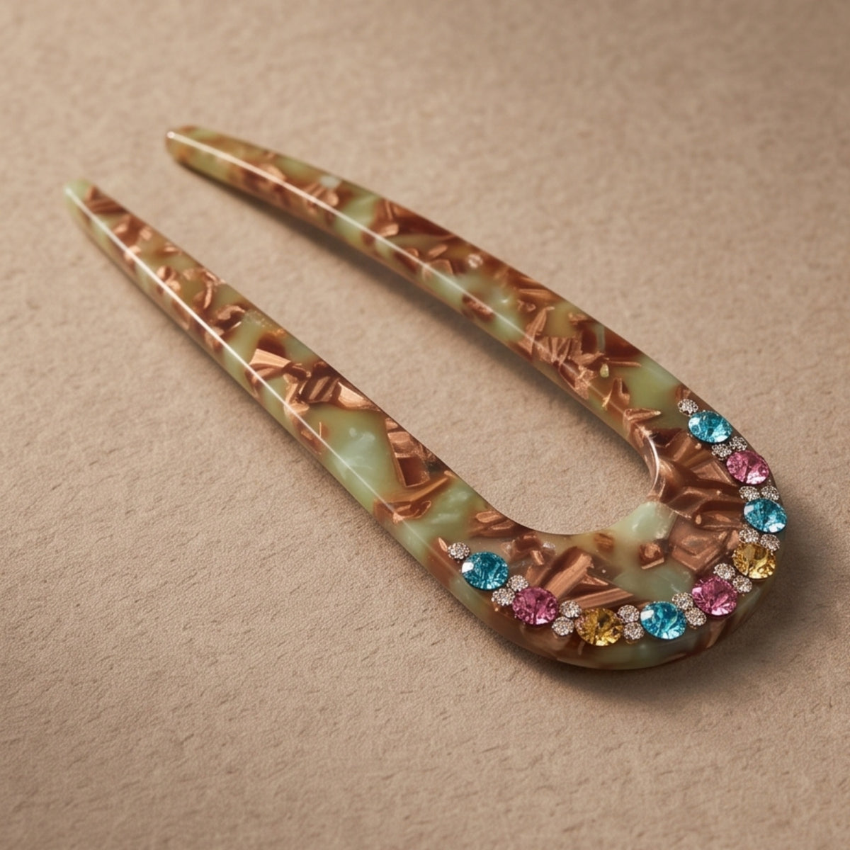 Green Gradient Rhinestone U-Shaped Acetate Hair Fork