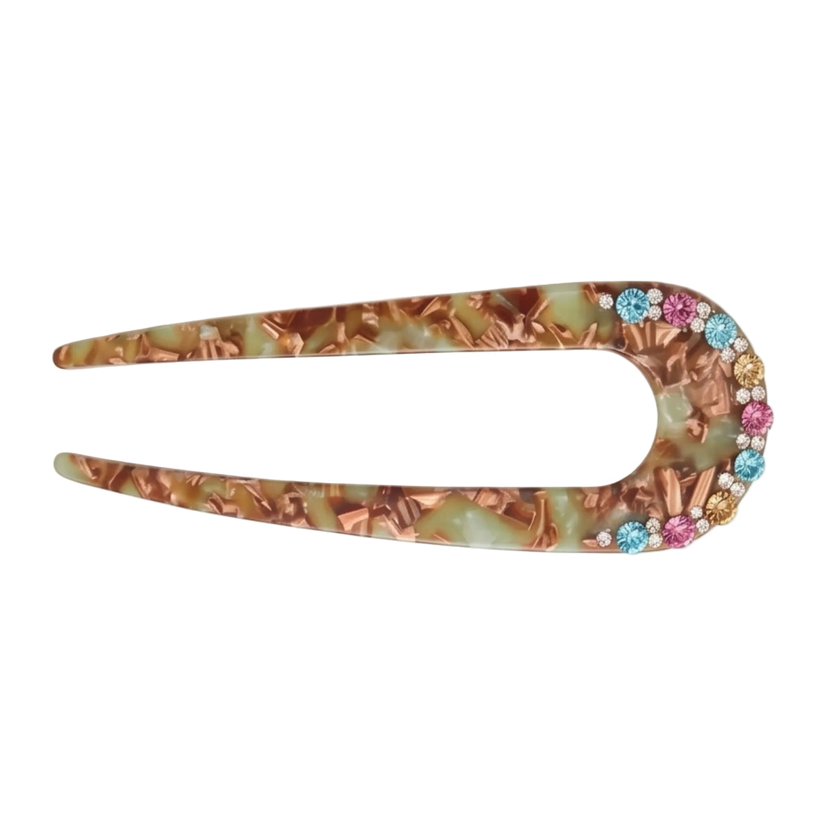 A vintage-style hair claw clip with a marbled green and brown resin body, decorated with a row of colorful rhinestones on the left side, shown on a plain white background.