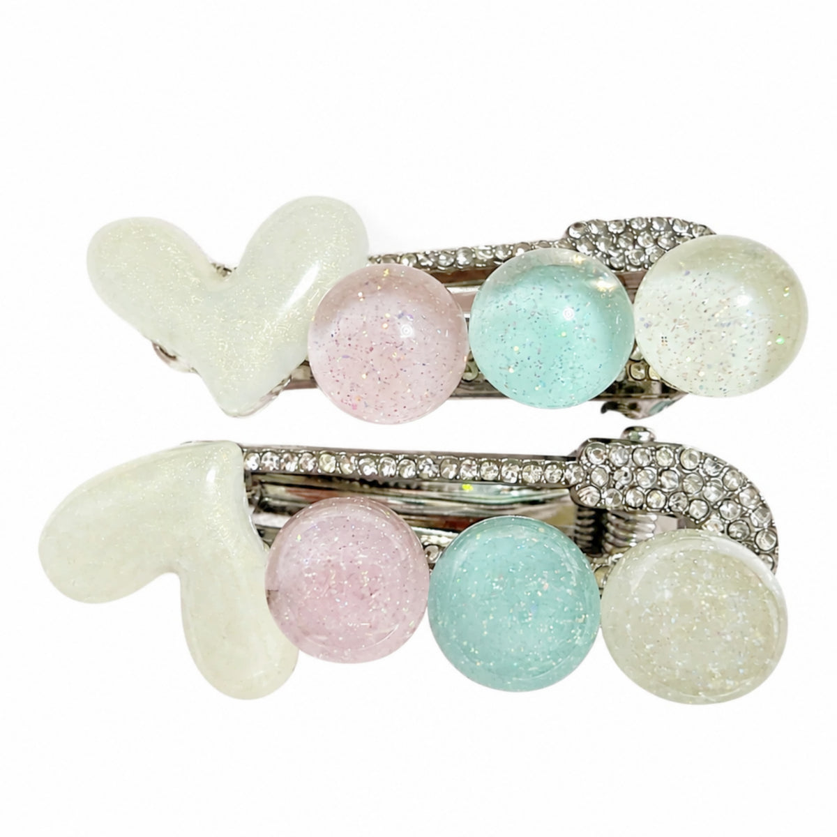 Heart Bead Rhinestone Alligator Hair Clips - Set of 2