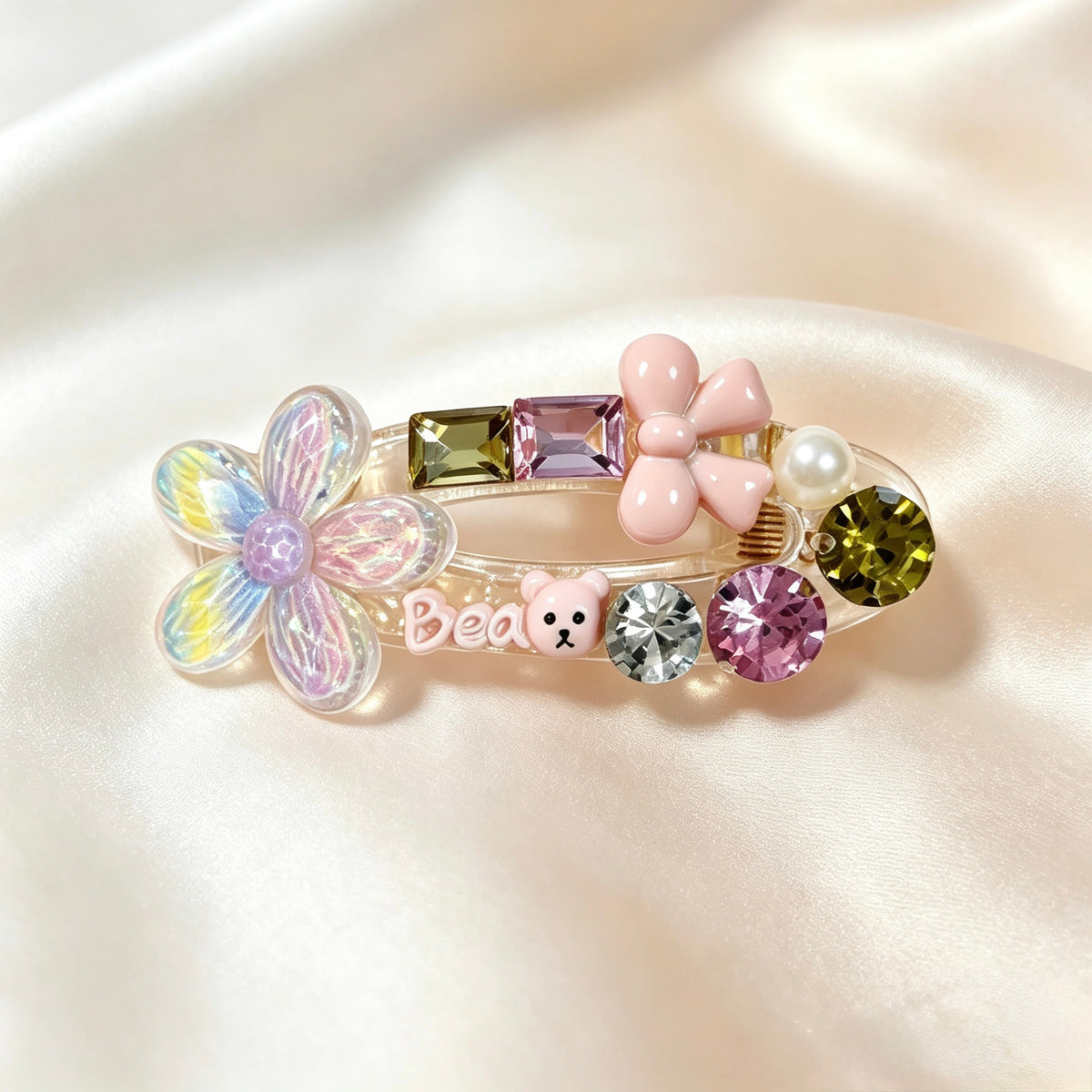 Iridescent Flower Teddy Bear Bow Alligator Hair Clip