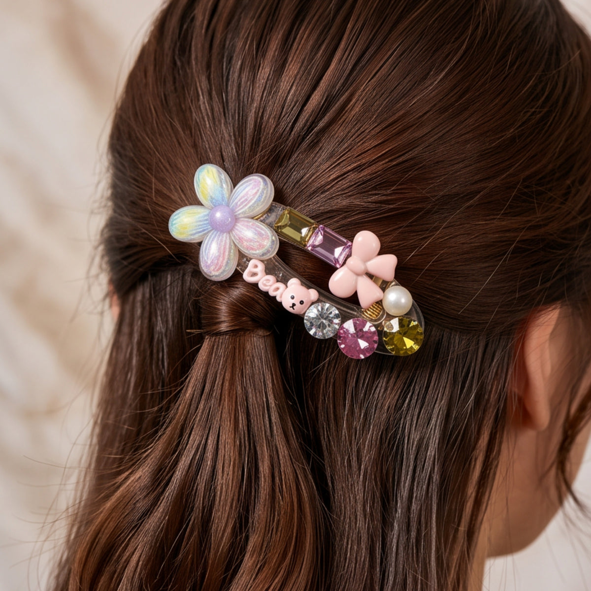 Iridescent Flower Teddy Bear Bow Alligator Hair Clip