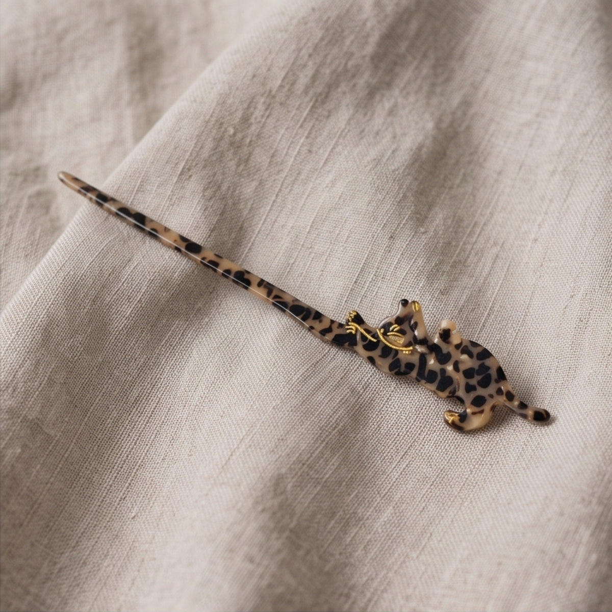 Leopard Print Cat Single-Prong Acetate Hair Fork
